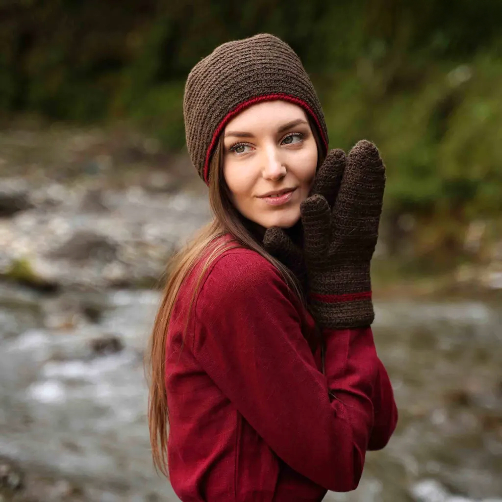 L- Nadelgebundene Fäustling-Handschuhe, braun, 100% Wolle