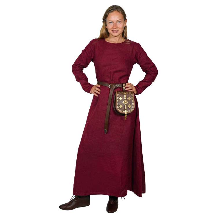Helga, authentisches langes und schlichtes Wikinger-Kleid, 100% Baltischer Leinen, bordeaux in M