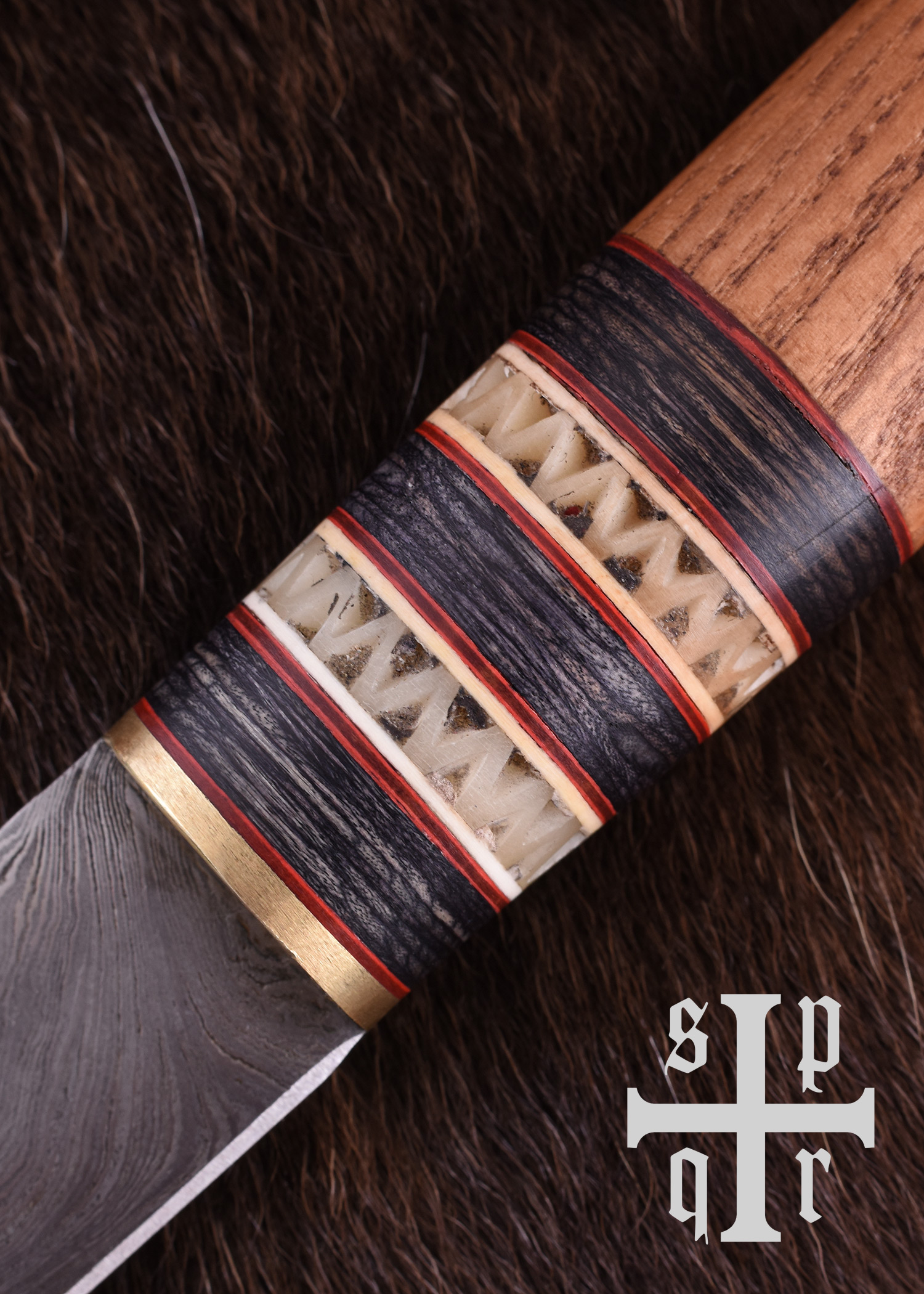 Wikinger-Messer aus Damaststahl, Holzgriff mit Knochenbesatz
