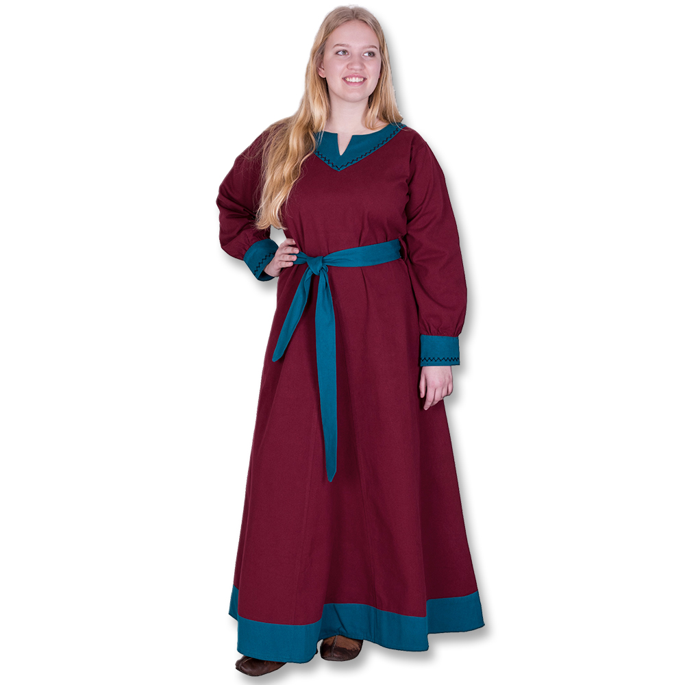Wikinger Kleid mit Hexenstich verziert, weinrot / petrol