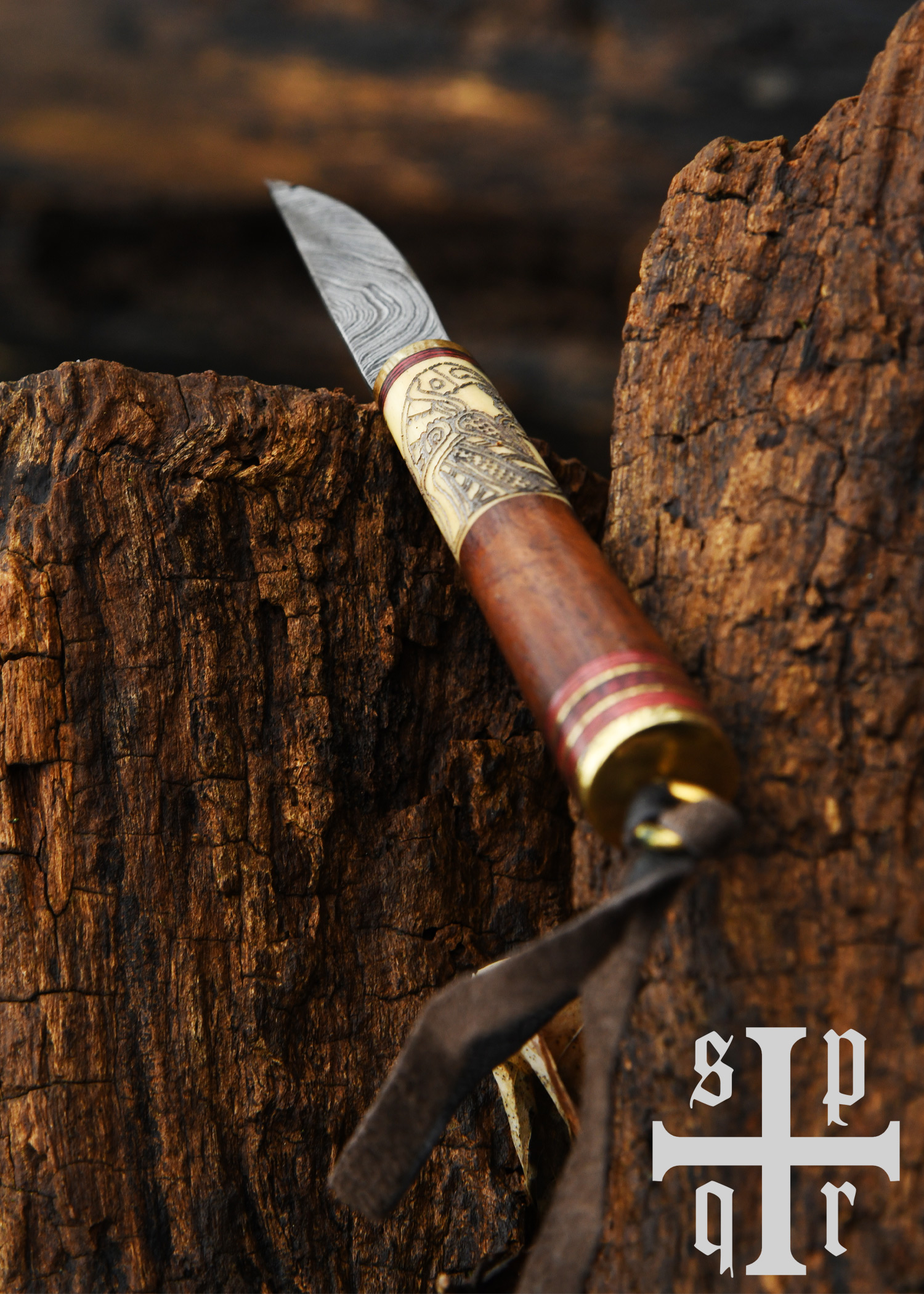 Wikinger-Messer, Damaststahl, Holz-/Knochengriff mit Rabenmotiv