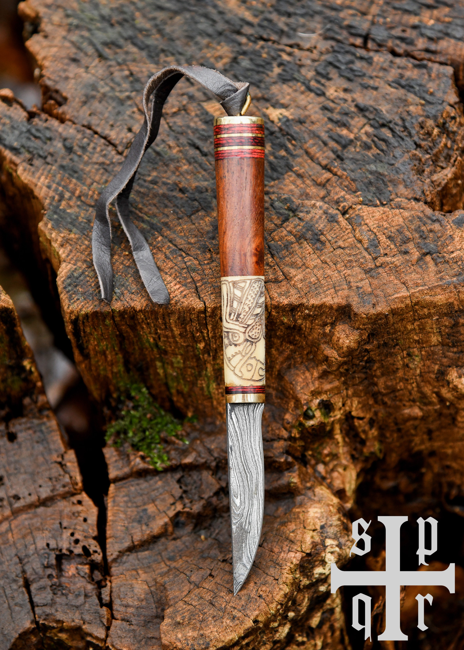 Wikinger-Messer, Damaststahl, Holz-/Knochengriff mit Rabenmotiv