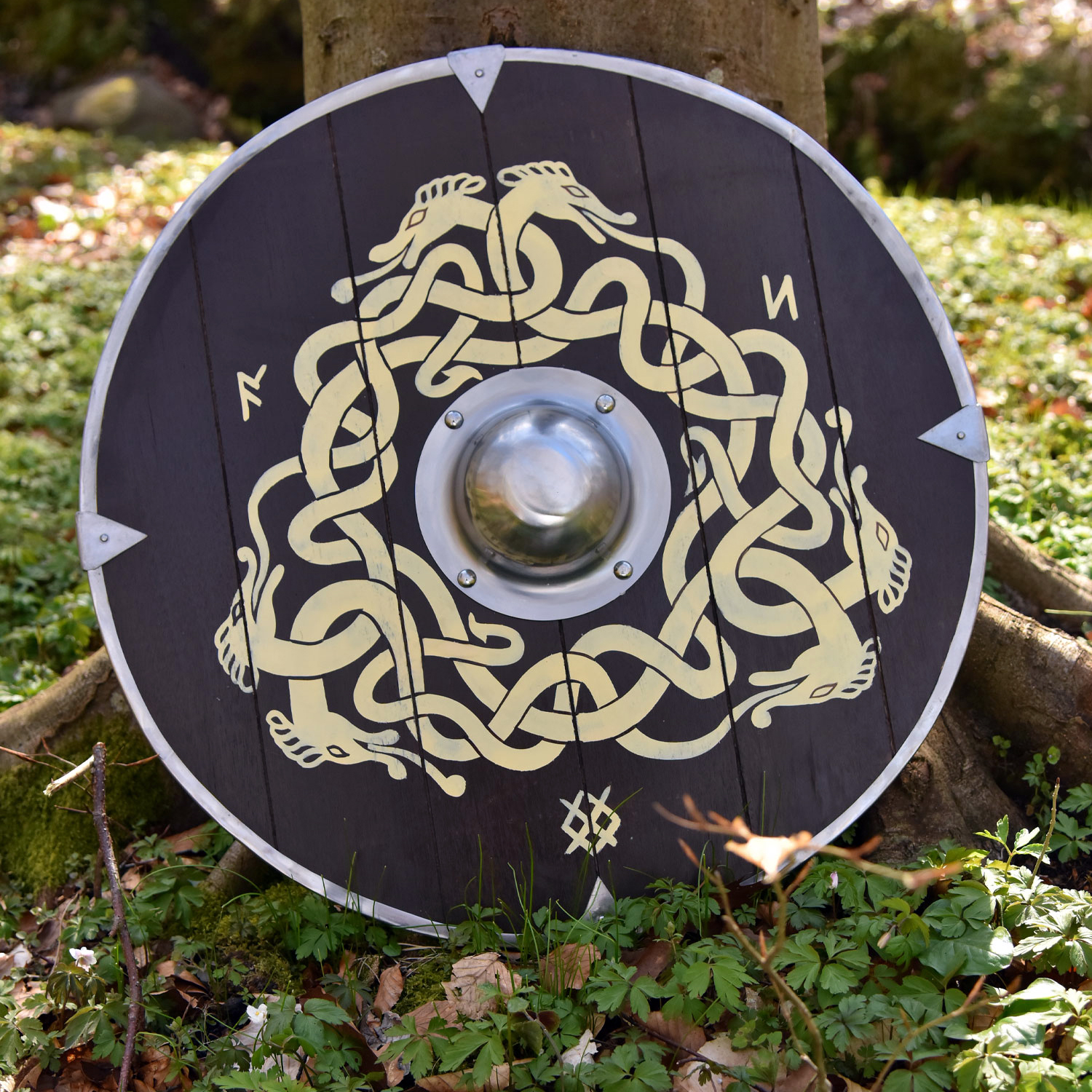 Angelsächsischer Schild mit Schlangenmotiv und Runen, 61 cm
