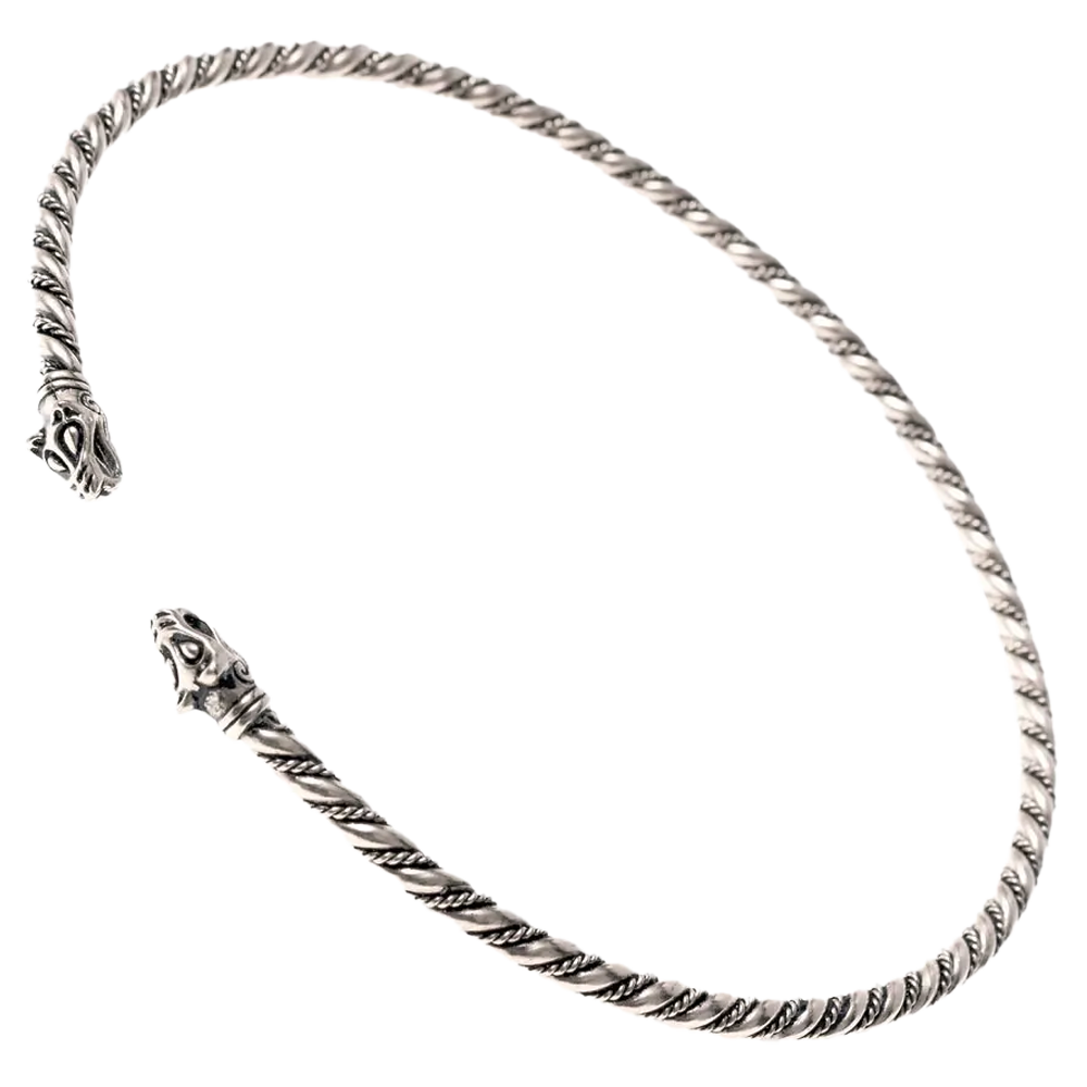 Torque-Halsring mit Wolfsköpfen, massives 925er Sterling-Silber