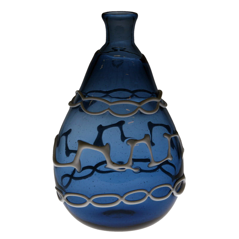 Blaue wikingerzeitliche Flasche mit weißem Fadendekor, nach Original aus Haithabu