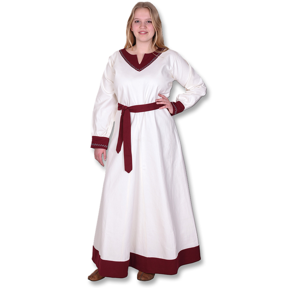 Wikinger Kleid mit Hexenstich verziert, natur / weinrot