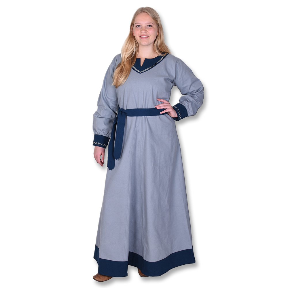 Wikinger Kleid mit Hexenstich verziert, eisgrau / blau