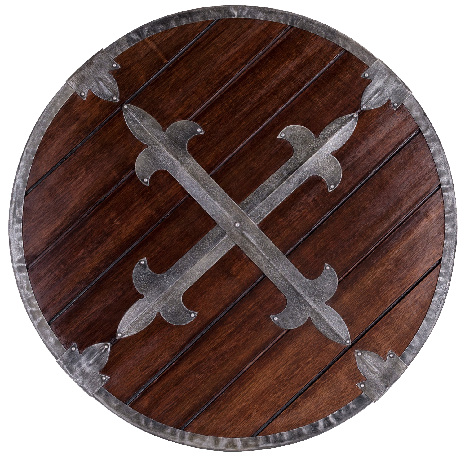Rundschild aus Holz mit Stahlbeschlägen