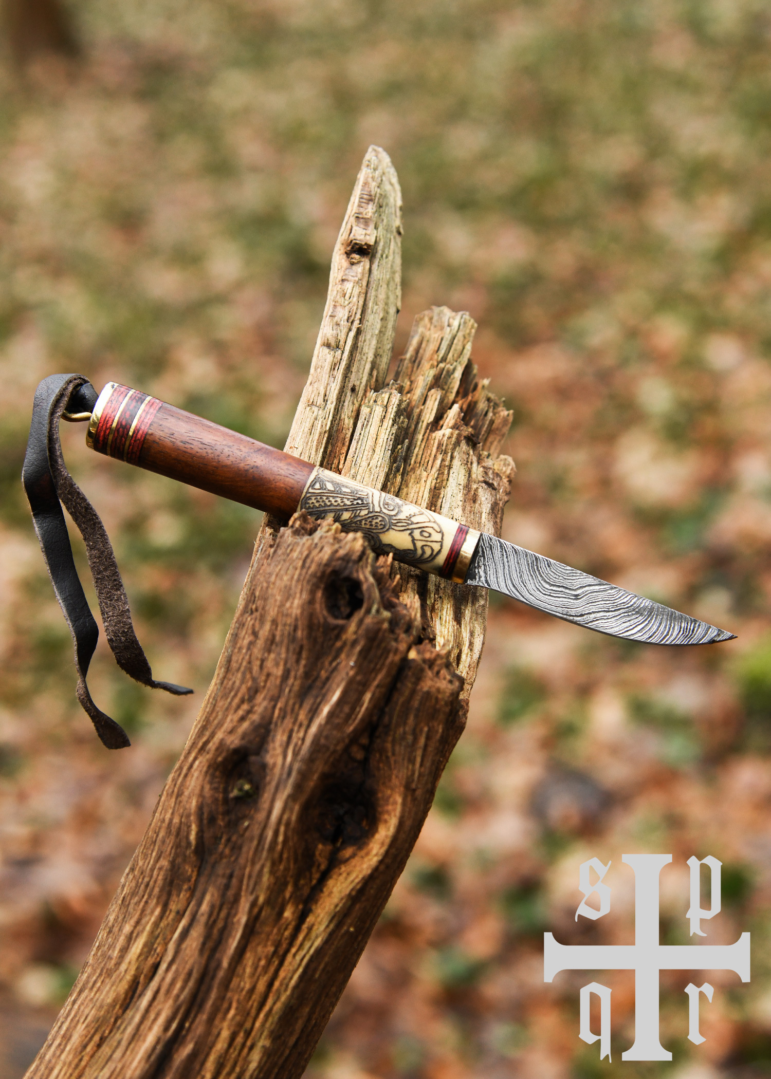 Wikinger-Messer, Damaststahl, Holz-/Knochengriff mit Rabenmotiv