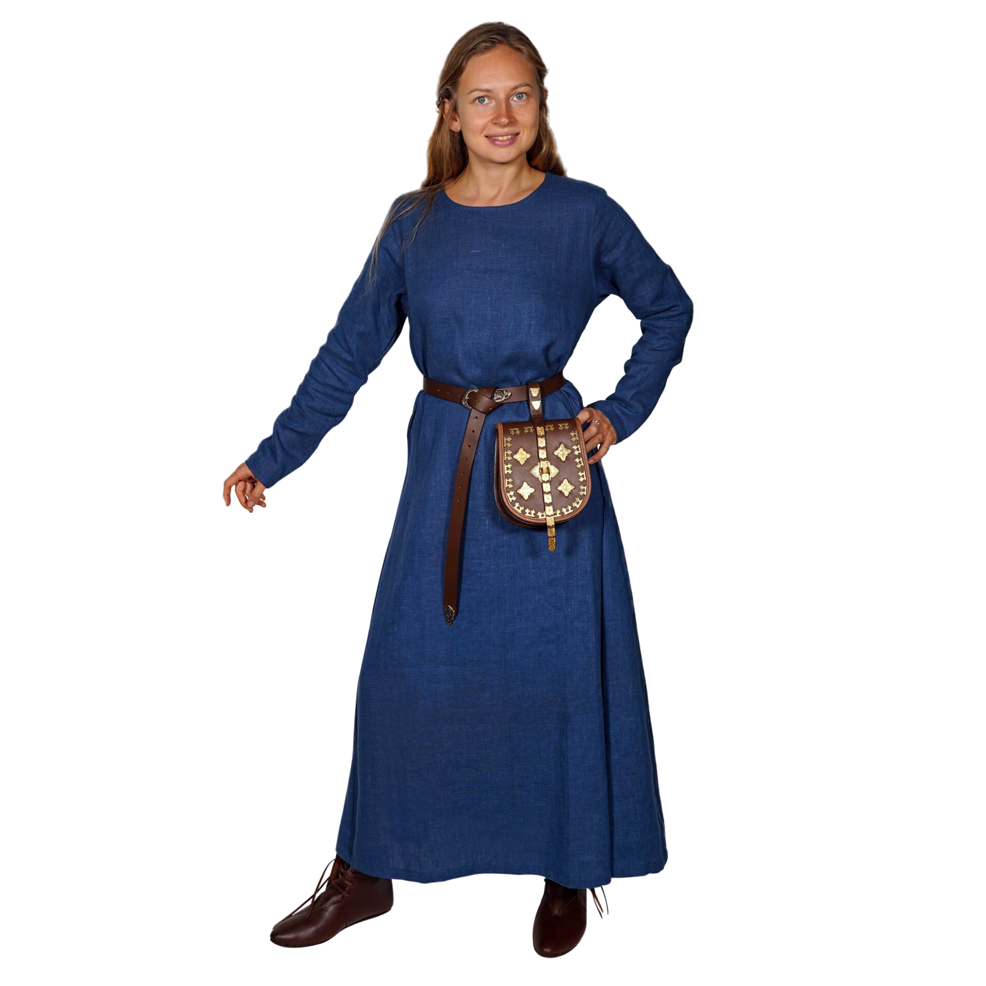 Helga, authentisches langes und schlichtes Wikinger-Kleid, 100% Baltischer Leinen, blau in L