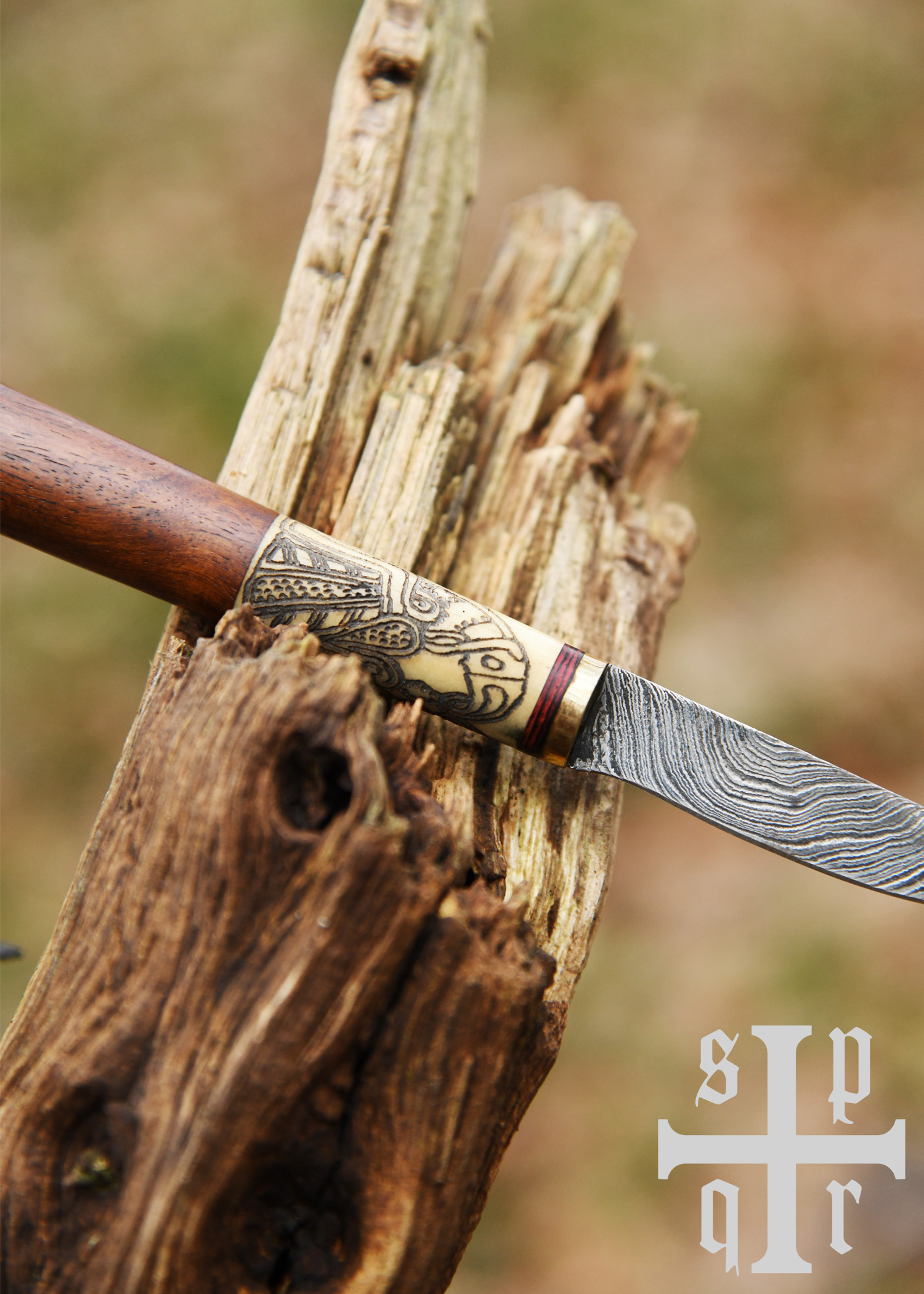 Wikinger-Messer, Damaststahl, Holz-/Knochengriff mit Rabenmotiv