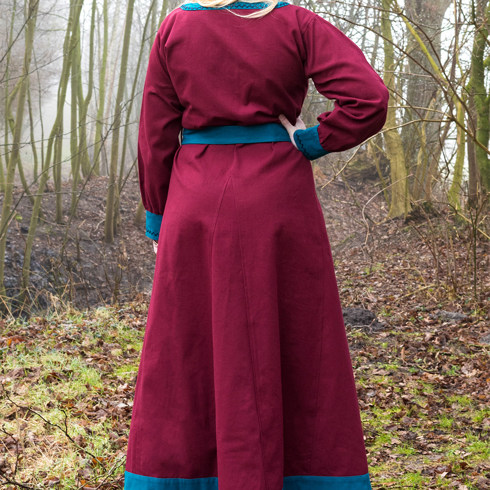 Wikinger Kleid mit Hexenstich verziert, weinrot / petrol